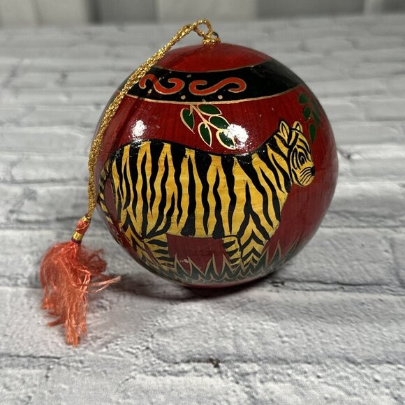 Paper Mache Hand Painted African Tiger Theme Christmas Tree Vintage Ornament - Picture 1 of 12